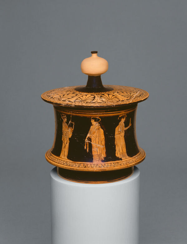 Ancient Greek terracotta pyxis vessel